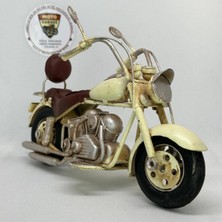 El Yapımı Krem Chopper/cruiser Metal Motosiklet Biblosu – Kahverengi Koltuklu & Sissy Barlı