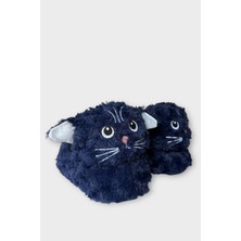 Kadın Sevimli Kedi Figürlü Peluş Panduf Lacivert