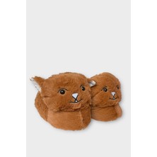 Kadın Sevimli Kedi Figürlü Peluş Panduf Taba