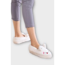 Kışlık Kadın Panduf Ev Ayakkabısı | Kurbağa Figürlü | Kaydırmaz Taban Beyaz