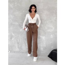 Kendinden Ince Kemerli Deri Pantolon Kahve T1178