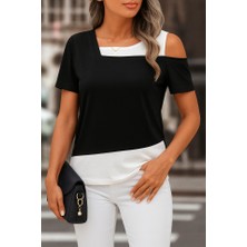 Passense Kadın Kısa Kollu Geometrik Kesin Detaylı Çift Renkli Viskon Bluz