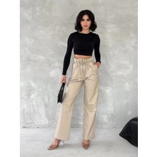 Kendinden Ince Kemerli Deri Pantolon Bej T1178