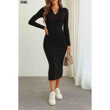 Kadın Uzun Kollu Yakalı Triko Elbise, Kırmızı Gül Figürlü Kolye Hediye