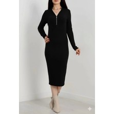 Fermuar Detaylı Fitilli Şardonlu Elbise Siyah A3178