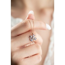 925 Ayar Gümüş Rose Kaplama Mor Taşlı Dört Yapraklı Şans Yonca Kolye