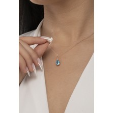 925 Ayar Gümüş Aquamarin Taşlı Damla Model Kadın Kolye