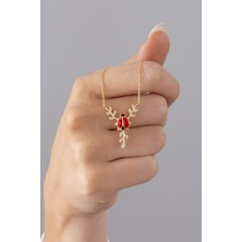 925 Ayar Gümüş Gold Kelebek Kırmızı Mineli Uğur Böceği Kadın Kolye