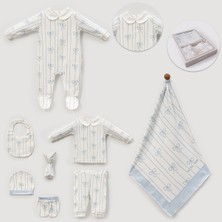 Unisex Bebek Pamuklu Ekru Mavi Fiyonklu Çizgili 8 Parça Kutulu Hastane Çıkış Seti – Hediye Paketli