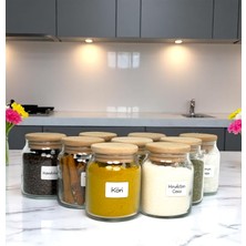 9'lu Ahşap Bambu Vakum Kapaklı Cam Baharat Seti 300 ml Etiket ve Kaşık Hediyeli