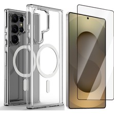 Vendas Samsung Galaxy S25 Ultra Kılıf Magsafe Şarj Özellikli Şeffaf Sert PC Zore Embos Kapak + Cam Ekran Koruyucu