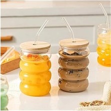 2 Adet Isıya Dayanıklı Şeffaf Cam Pipetli Ahşap Kapaklı Boğumlu Bardak – Kahve ve Meyve Suyu