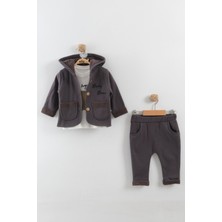 Erkek Bebek Ayı Baskılı Kulaklı Hırka Tişört Pantolon 3'lü Takım