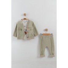 Erkek Bebek Çam Ağaç Nakışlı Hırka Tişört Pantlon 3'lü Takım (9-12-18 Ay)