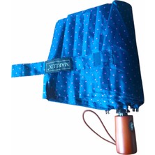 Ahşap Sap Ful Otomatik 10 Telli  Lüx Kadın Şemsiyesi Lacivert Mini Puanlı  Desnli