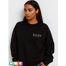 Bisklet Yaka Taşlı Modern Tarz Uzun Kollu Mevsimlik Siyah Sweatshirt