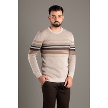Zeki Özer Erkek Bej Çizgili Fitilli O Yaka Triko