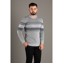 Zeki Özer Erkek Gri Çizgili Fitilli O Yaka Triko