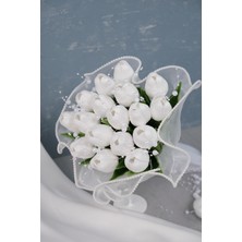 Islak Lale Incili Tüllü Beyaz Gelin Buketi