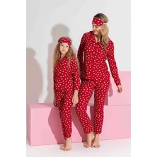 Anne-Kız Kombin Yapılabilir Düğmeli Süet Uzun Kollu  Uyku Bantlı Aile Bağı Pijama TAKIMI-3979