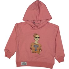 Kız Çocuk T Harfli Gözlüklü Kız Modelli Kapüşonlu Somon Sweatshirt