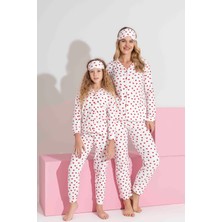 Anne-Kız Kombin Yapılabilir Düğmeli Süet Uzun Kollu  Uyku Bantlı Aile Bağı Pijama TAKIMI-3979