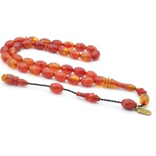 Hakkı Usta Imzalı Beyzi Kesim Bilek Boy Hareli Pembe Sıkma Kehribar Tesbih