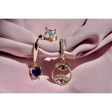 Altın Kaplama Göz ve Safir Sallantılı Küpe Seti