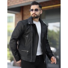 Prifaldi Yeni Sezon Çapraz Fermuarlı Premium Erkek Deri Ceket Siyah