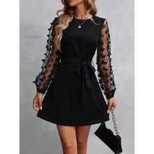 Giyimodam Kadın Uzun Kollu Bisiklet Yaka Kollar Tül Kelebek Detaylı Ithal Krep Elbise