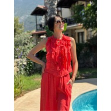 NC14092 Fırfırlı Kolsuz Italyan Keten Takım Kırmızı