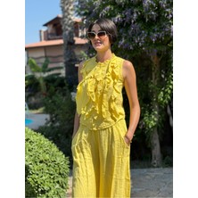 NC14092 Fırfırlı Kolsuz Italyan Keten Takım Sarı