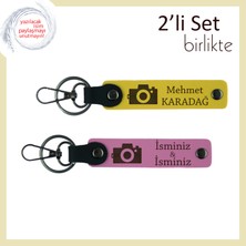 Miaju Fotoğraf Sevdalılarına Hatıra, Kamera Motifli, Kişisel 2’li Deri Anahtarlık Takımı, Sarı-Pembe