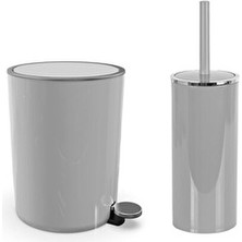 Lenox 5 Lt Pedallı Banyo Çöp Kova Tuvalet Fırçası Set Gri 2'li