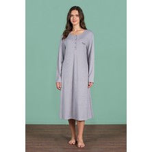 Kadın Gri Renk Yarım Düğmeli Uzun Kollu Maxi Boy Gecelik C3T4N91