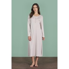 Kadın Vizon Renk Yarım Düğmeli Uzun Kollu Maxi Boy Gecelik C3T4N91