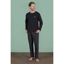 Erkek Siyah Renk Uzun Kollu Yuvarlak Yaka Çizgili Detaylı Pijama Takımı C0T4N91