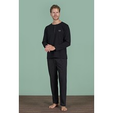 Erkek Siyah Uzun Kollu Şerit Detaylı Düğmeli Yaka Pijama Takımı C1T3N91