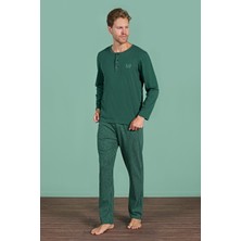 Erkek Yeşil Uzun Kollu Şerit Detaylı Düğmeli Yaka Pijama Takımı C1T3N91