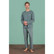 Erkek Yeşil Renk Uzun Kollu Yuvarlak Yaka Çizgili Detaylı Pijama Takımı C0T4N91