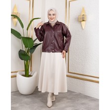 Harma Time Butik Kadın Bordo Deri Astarlı Fermuarlı Ceket