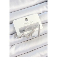 Çarşı Point Pirinç Zirkon Taşlı Dikdörtgen Model Gümüş Renk 3'lü Çift Kadın Küpe Set