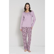 Kadın Büyük Beden Lila Çiçek Desenli Düğmeli Yaka Uzun Kollu Pijama Takımı C0T1N91