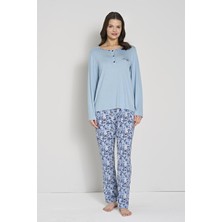 Kadın Büyük Beden Mavi Çiçek Desenli Düğmeli Yaka Uzun Kollu Pijama Takımı C0T1N91