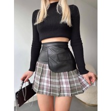 Deri Garnili Cepli Ekose Etek Siyah S24604