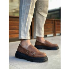 Pabucmarketi Bağcıksız Çift Tokalı Erkek Casual Ayakkabı Taba (Siyah Taban)