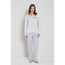 Kadın Mavi Renk Çiçek Desenli Düğmeli Yaka Uzun Kollu Pijama Takımı C6T0N91