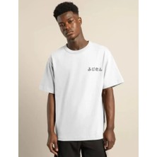 Unisex Bisiklet Yaka Baskılı Oversize T-Shirt - Beyaz