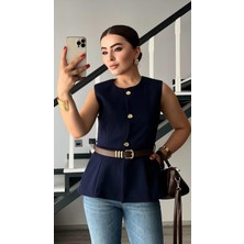 Lacivert Kemerli Gold Düğme Duble Crep Yelek