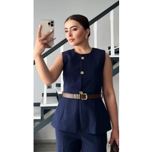 Lacivert Kemerli Gold Düğme Duble Crep Yelek